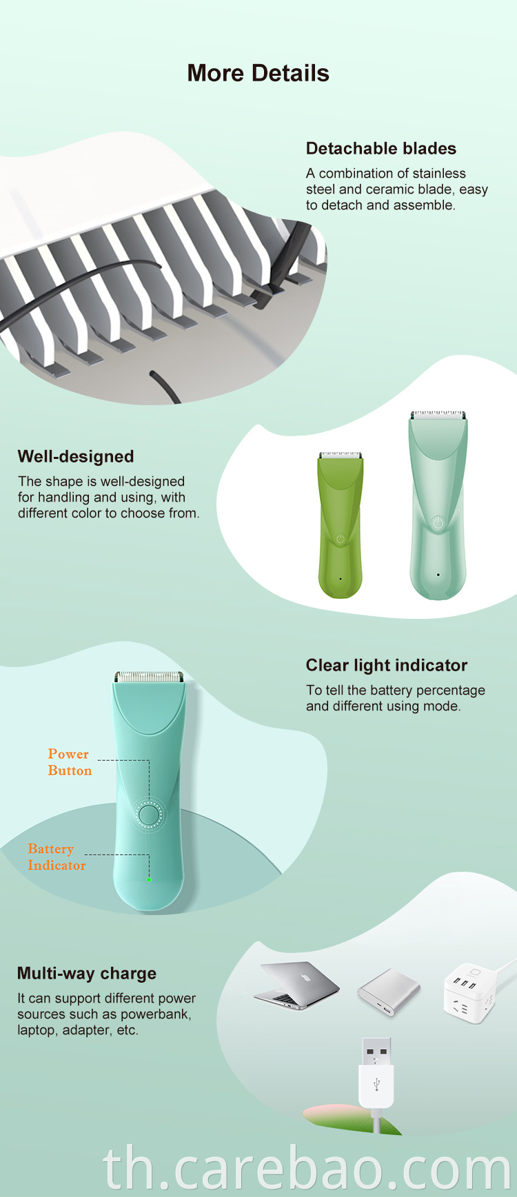 2022 Carebao Clipper Trimmer Hair Clipper สำหรับเด็กทารกเด็กที่มีเสียงสั่นสะเทือนต่ำในสีน้ำเงินและสีเขียว